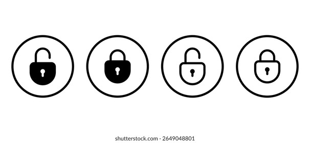 Unlock and lock padlock icon set. Data security symbol inside circular outline