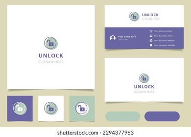 Unlock logo design with editable slogan. Branding book and business card template.