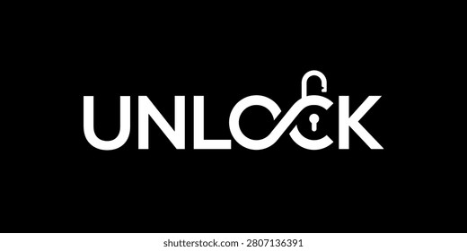 Unlock logo design with unlock lettering typography and security padlock
