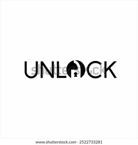 Unlock logo text design with unique open padlock symbol on letter O.