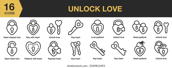 Unlock Love icon set. Includes Dating, Heart, Lock, Privacy, Unlock, and More. Outline icons vector collection.