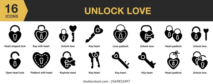 Unlock Love solid icon set. Includes Dating, Heart, Lock, Privacy, Unlock, and More. Solid icons vector collection.