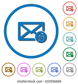 Unlock mail flat color vector icons with shadows in round outlines on white background