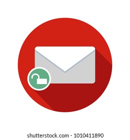 Unlock mail icon. Email icon with long shadow. Vector Flat Illustration