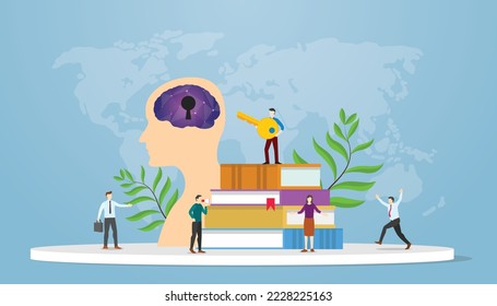 unlock mind concept with big head brain and key with books for education resource knowledge with people analyze with modern flat style