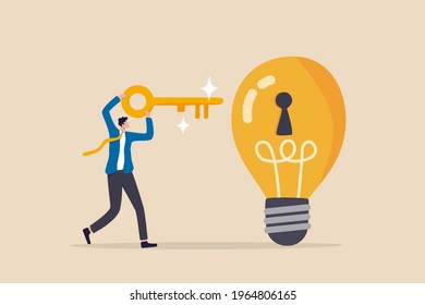 Unlock new business idea, invent new product or creativity concept, smart businessman holding golden key about to insert into key hold on lightbulb idea lamp.