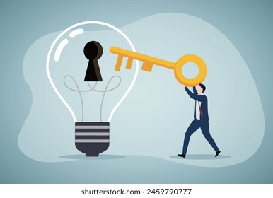 Unlock new business idea, invent new product or creativity concept, smart businessman holding golden key about to insert into key hold on lightbulb idea lamp.