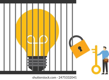 Unlock new business idea, Invent new product or creativity, Expiration of patent concept.Businessman holding golden key about to insert into key hold on cage to set idea free.

