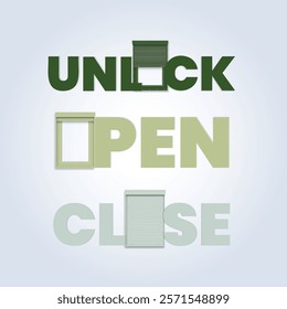 Unlock, open, close concept art, shutter open, blinds open isolated, silver background