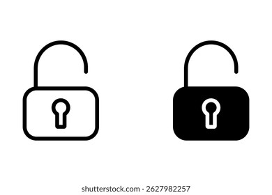 Unlock or open lock icons set designed in filled, outline, line and stroke style