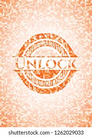 Unlock orange tile background illustration. Square geometric mosaic seamless pattern with emblem inside.