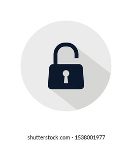 Unlock padlock icon vector, illustration of unlock padlock isolated on grey circle. Protection, safety, security, privacy sign