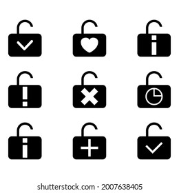 Unlock padlock set Black flat icon vector