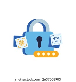 Unlock with password, fingerprint and face. Enabling faster and safer variations of biometric security on smart phone screen concept illustration. 