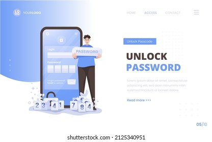 Unlock password security access concept on landing page design