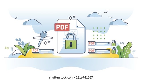 Unlock PDF format and edit locked text file with software tool outline concept. Digital document encryption and safe information editing application vector illustration. Open blocked spreadsheet file.