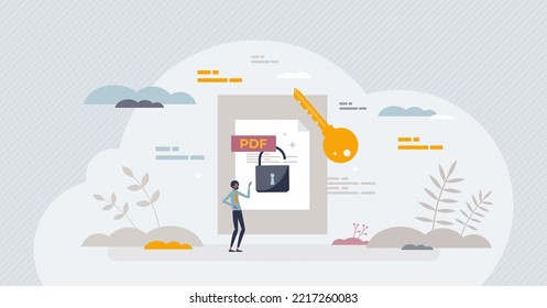 Unlock PDF tool for file editing and document access tiny person concept. Open password locked information with software tool vector illustration. Application to allow text adding and changes making.