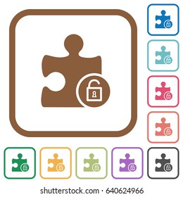 Unlock plugin simple icons in color rounded square frames on white background