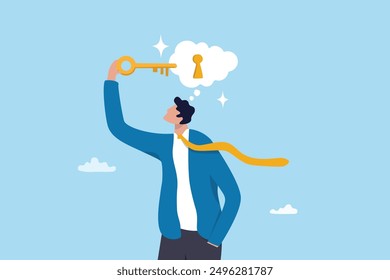 Unlock potential, discover key to solution solving problem, open mindset for new opportunity, think to develop idea, achievement or freedom concept, businessman put key to keyhole in thought bubble.