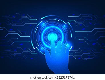 Unlock the power of technology for business and well-being. Against a backdrop of blue tones, a finger activates a futuristic circle, illuminating the circuitry of innovation and creativity