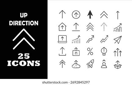 Unlock powerful communication with this versatile set of 25 upward direction icons, perfect for visualizing growth, progress, and success in business and tech.
