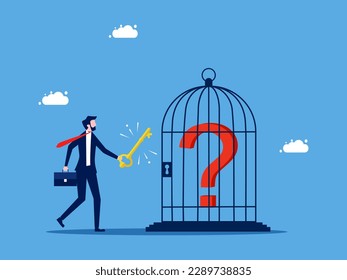 Unlock the problem. Businessman unlocking the question mark in the cage