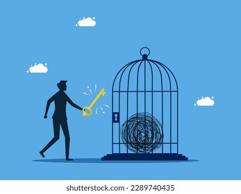 Unlock the problem of chaos. man unlocks chaos in the birdcage. concept of business
