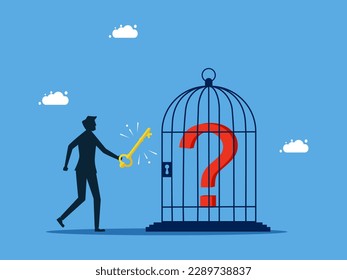 Unlock the problem. man unlocking the question mark in the cage