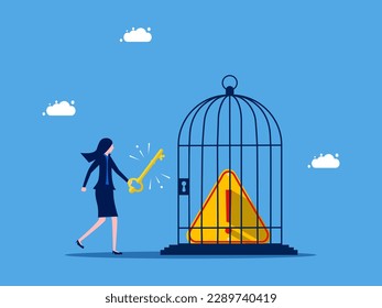 Unlock problems or fix problems. Businesswoman unlocking exclamation mark in birdcage