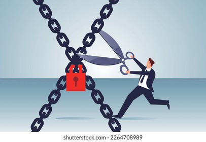 Unlock, release risks and crises, solve problems or obstacles, businessman with scissors to cut the chains that are locked