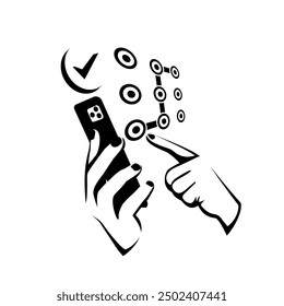 Unlock screen. A human finger unlocks a smartphone screen. Smartphone screen. Graphic pattern as a symbol of protection. Safety of phone, mobile protection. Vector illustration flat design.