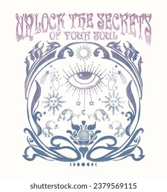     "Unlock the Secrets of Your Soul."Retro 70's psychedelic hippie element illustration print with groovy slogan for man - woman graphic tee t shirt or sticker poster - Vector
