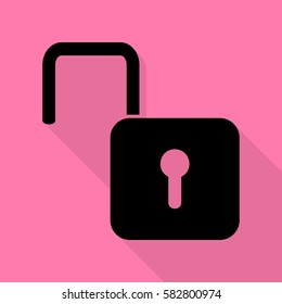 Unlock sign illustration. Black icon with flat style shadow path on pink background.