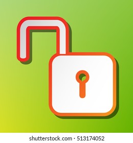 Unlock sign illustration. Contrast icon with reddish stroke on green backgound.