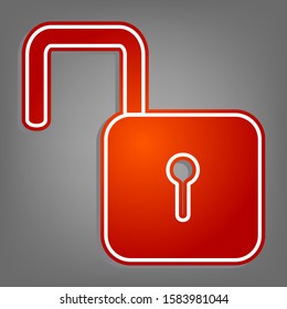 Unlock sign illustration. Flat red icon with linear white icon with gray shadow at grayish background. Illustration.