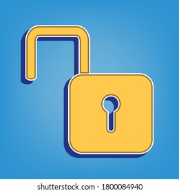 Unlock sign illustration. Golden Icon with White Contour at light blue Background. Illustration.