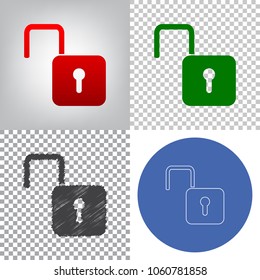 Unlock sign illustration. Vector. 4 styles. Red gradient in radial lighted background, green flat and gray scribble icons on transparent and linear one in blue circle.