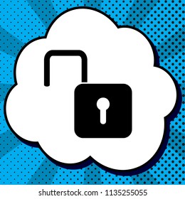 Unlock sign illustration. Vector. Black icon in bubble on blue pop-art background with rays.