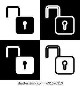 Unlock sign illustration. Vector. Black and white icons and line icon on chess board.