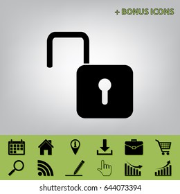 Unlock sign illustration. Vector. Black icon at gray background with bonus icons at celery ones