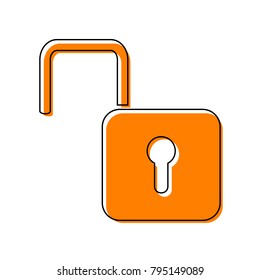 Unlock sign illustration. Vector. Black line icon with shifted flat orange filled icon on white background. Isolated.