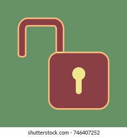 Unlock sign illustration. Vector. Cordovan icon and mellow apricot halo with light khaki filled space at russian green background.