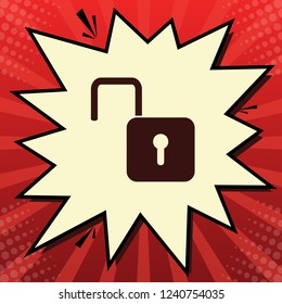 Unlock sign illustration. Vector. Dark red icon in lemon chiffon shutter bubble at red popart background with rays.