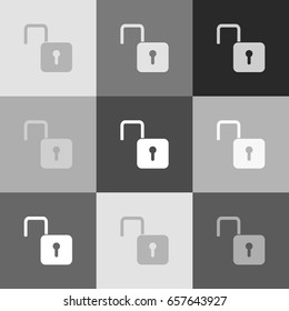 Unlock sign illustration. Vector. Grayscale version of Popart-style icon.
