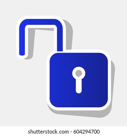 Unlock sign illustration. Vector. New year bluish icon with outside stroke and gray shadow on light gray background.
