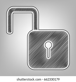 Unlock sign illustration. Vector. Pencil sketch imitation. Dark gray scribble icon with dark gray outer contour at gray background.