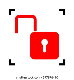 Unlock sign illustration. Vector. Red icon inside black focus corners on white background. Isolated.