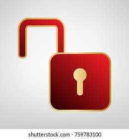 Unlock sign illustration. Vector. Red icon on gold sticker at light gray background.
