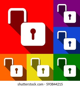 Unlock sign illustration. Vector. Set of icons with flat shadows at red, orange, yellow, green, blue and violet background.