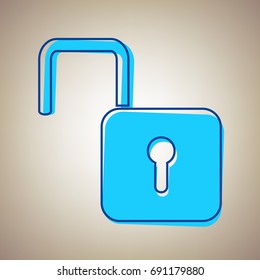 Unlock sign illustration. Vector. Sky blue icon with defected blue contour on beige background.